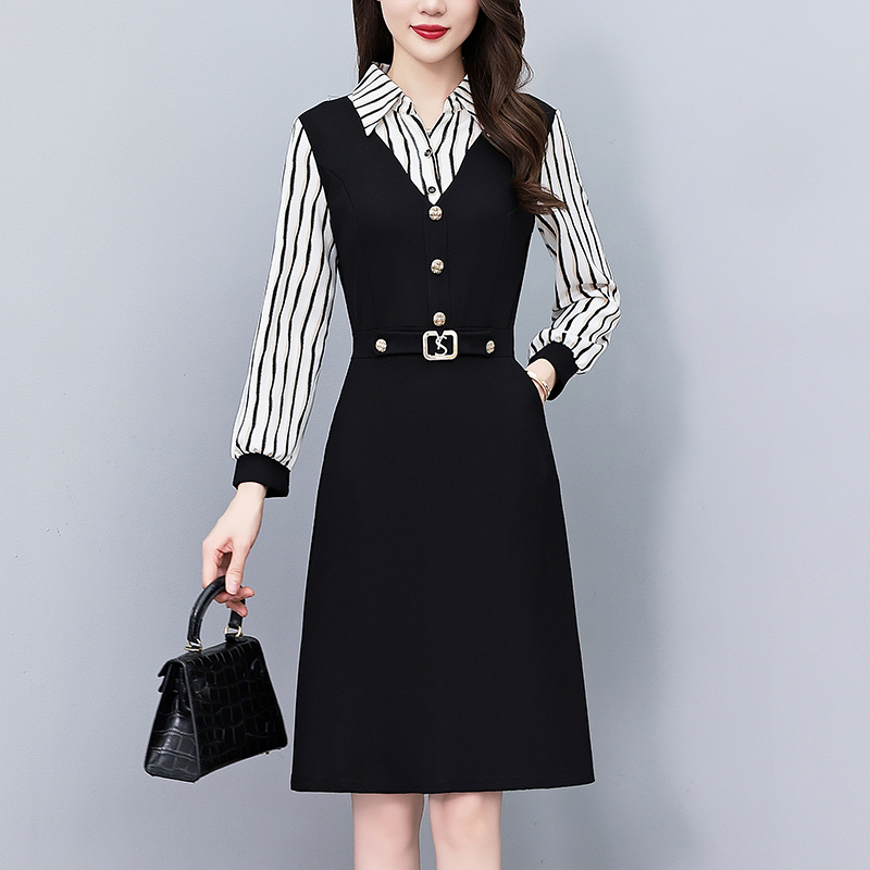Striped Faux Two-Piece A-Line Midi Dress with Long Sleeves and Shirt Collar