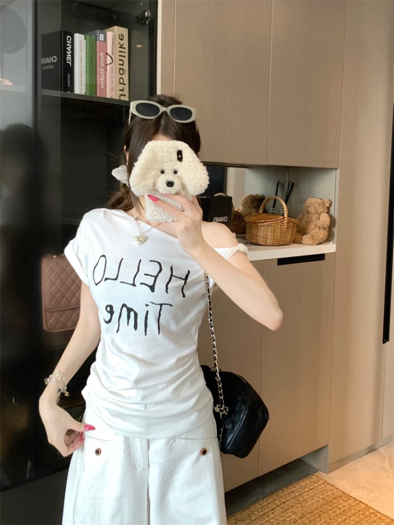Women's White One-Shoulder Knotted Short Sleeve T-Shirt Summer Korean Loose Letter Print Top