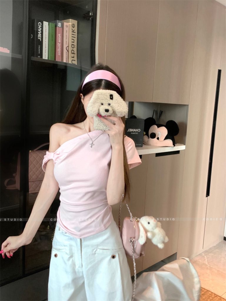 Women's Summer Short Sleeve One Shoulder T-Shirt Slim Fit Off Shoulder Top
