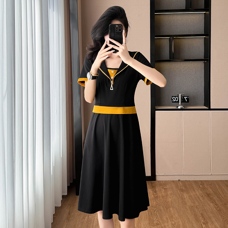 2026 Summer Slimming Dress High-End Elegant Short Sleeve Faux Two-Piece Long Dress Color Block Patchwork
