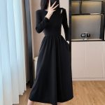Black Long Sleeve A-Line Dress for Women High Waist Slimming Hepburn Style Round Neck Long Dress