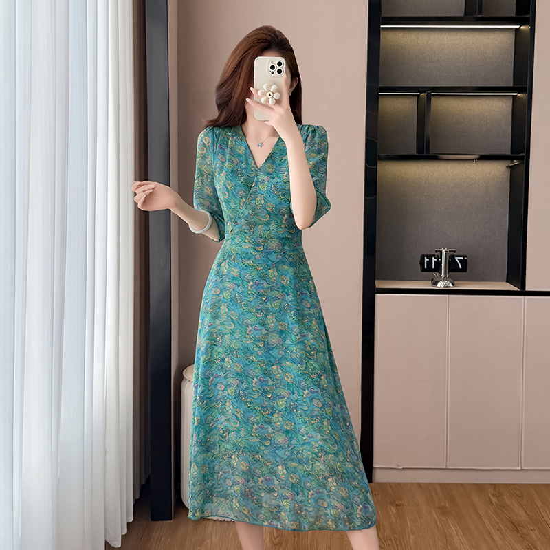 Chiffon Floral Print Slim Fit Midi Dress Short Sleeve Summer 2026