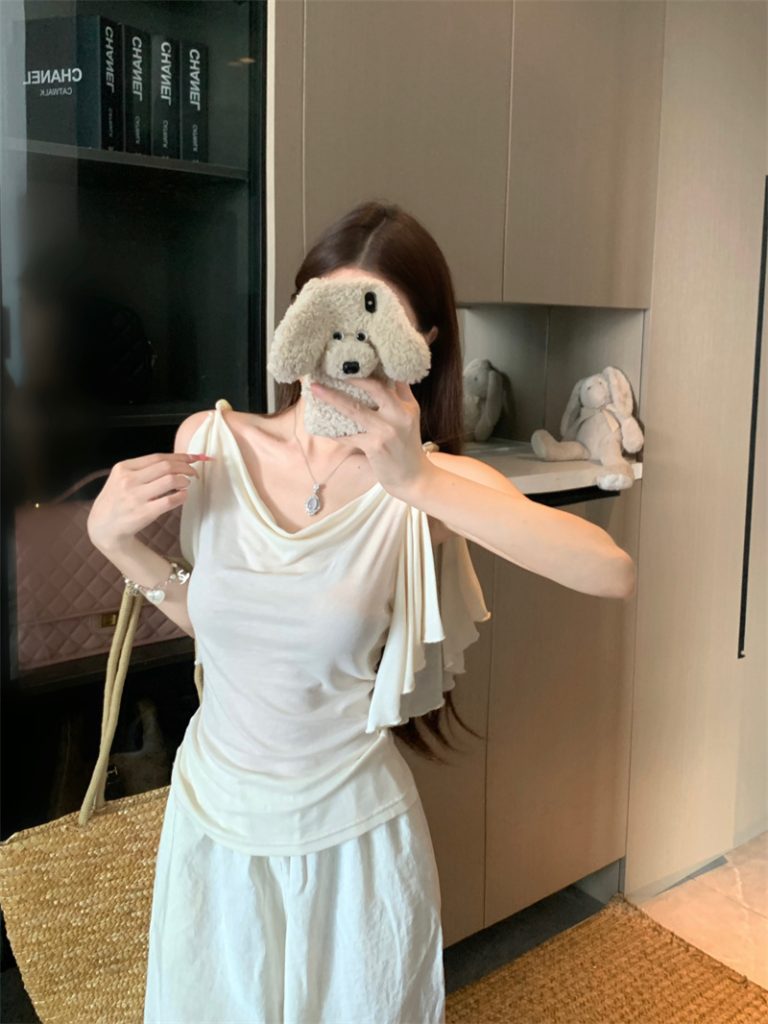 French Beaded Cowl Neck Ruffled Sleeveless Top for Women