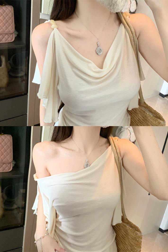 French Beaded Cowl Neck Ruffled Sleeveless Top for Women - Image 5