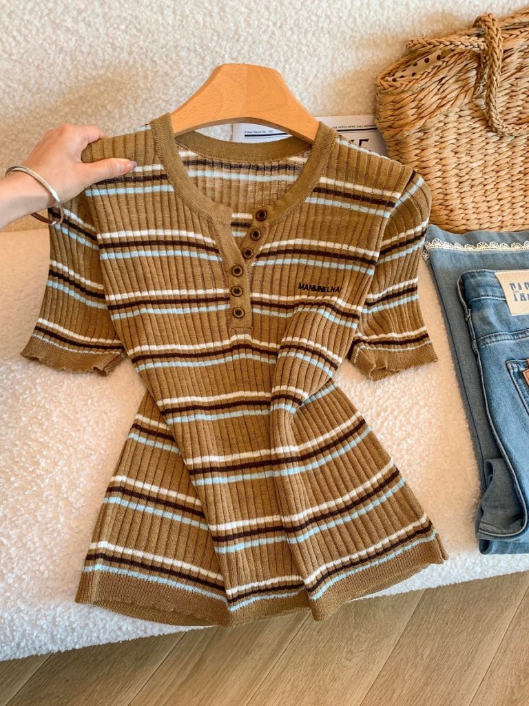Retro British Preppy Ribbed T-Shirt 2026 Summer Letter Embroidered Striped Half Button Knit Top for Women