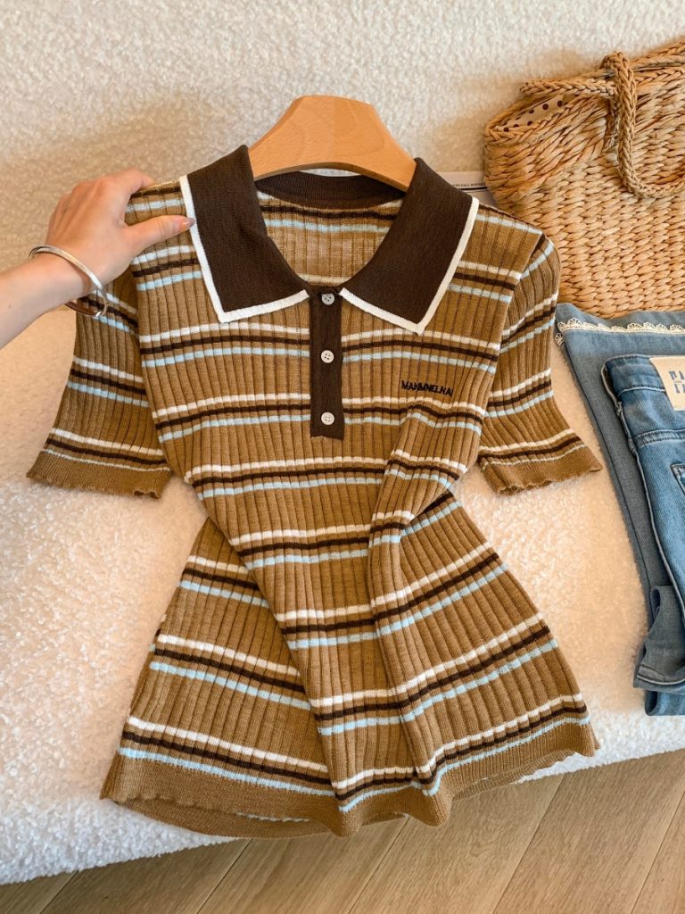 Retro Striped Polo Collar Short Sleeve Knit Top for Women 2026 Summer Thin Slimming T-Shirt