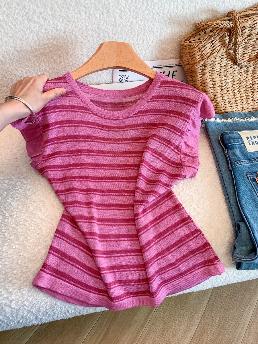 Korean Striped Color Block Flutter Sleeve Short Sleeve Knit Top for Women Summer New Round Neck Breathable Design Versatile Shirt - Image 2