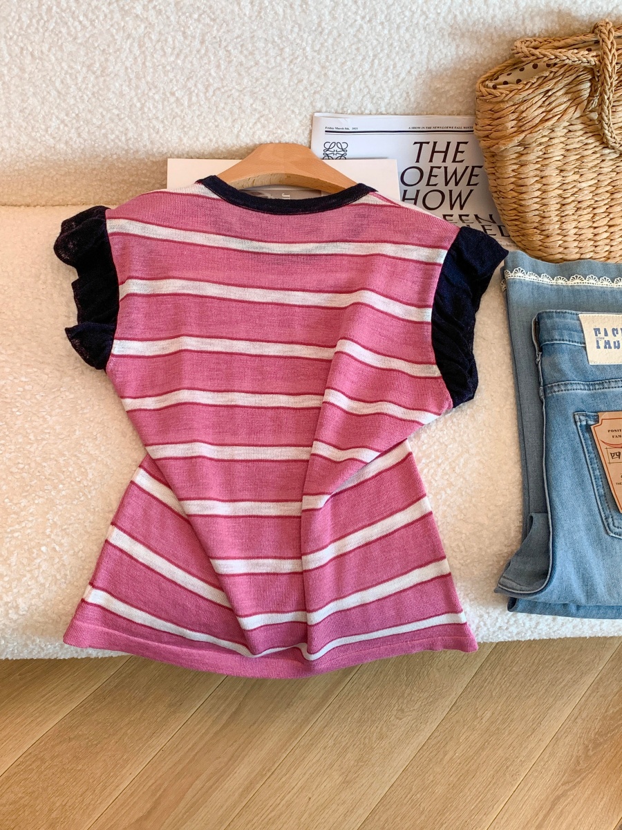 Korean Striped Color Block Flutter Sleeve Short Sleeve Knit Top for Women Summer New Round Neck Breathable Design Versatile Shirt - Image 4