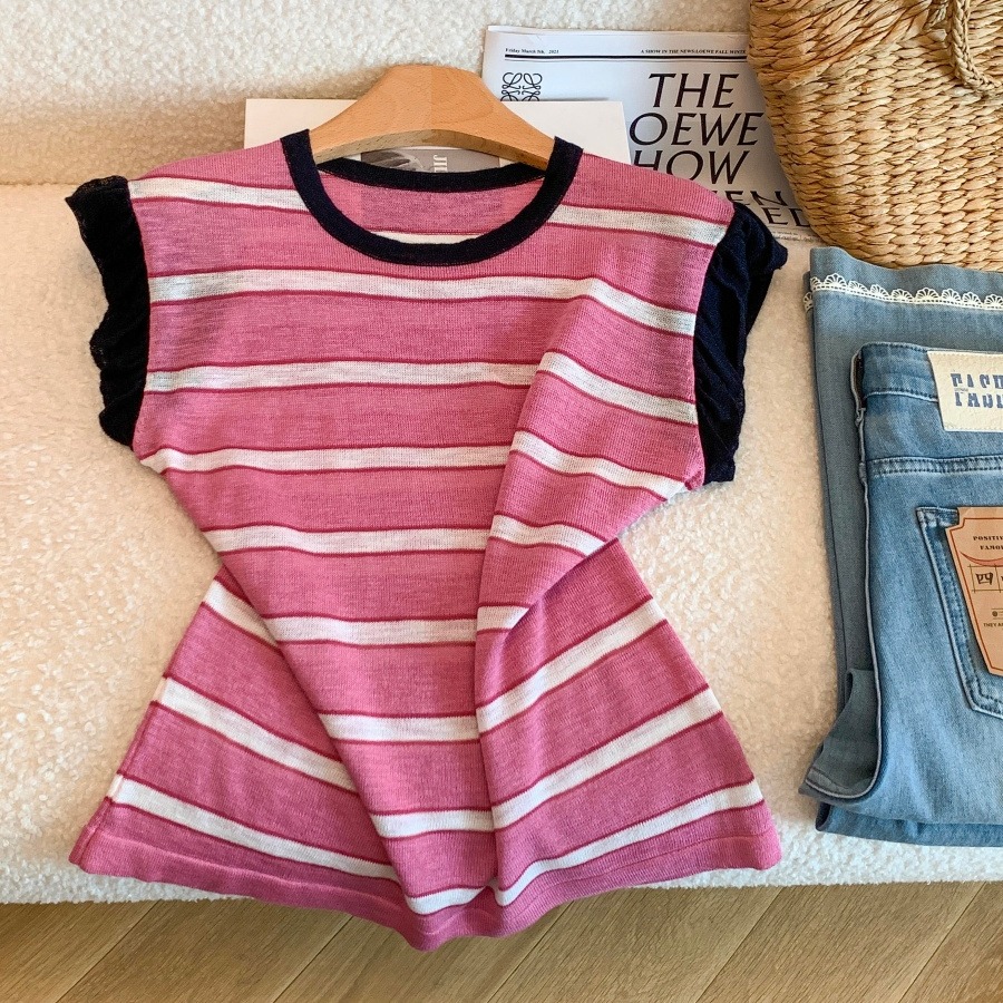 Korean Striped Color Block Flutter Sleeve Short Sleeve Knit Top for Women Summer New Round Neck Breathable Design Versatile Shirt - Image 5