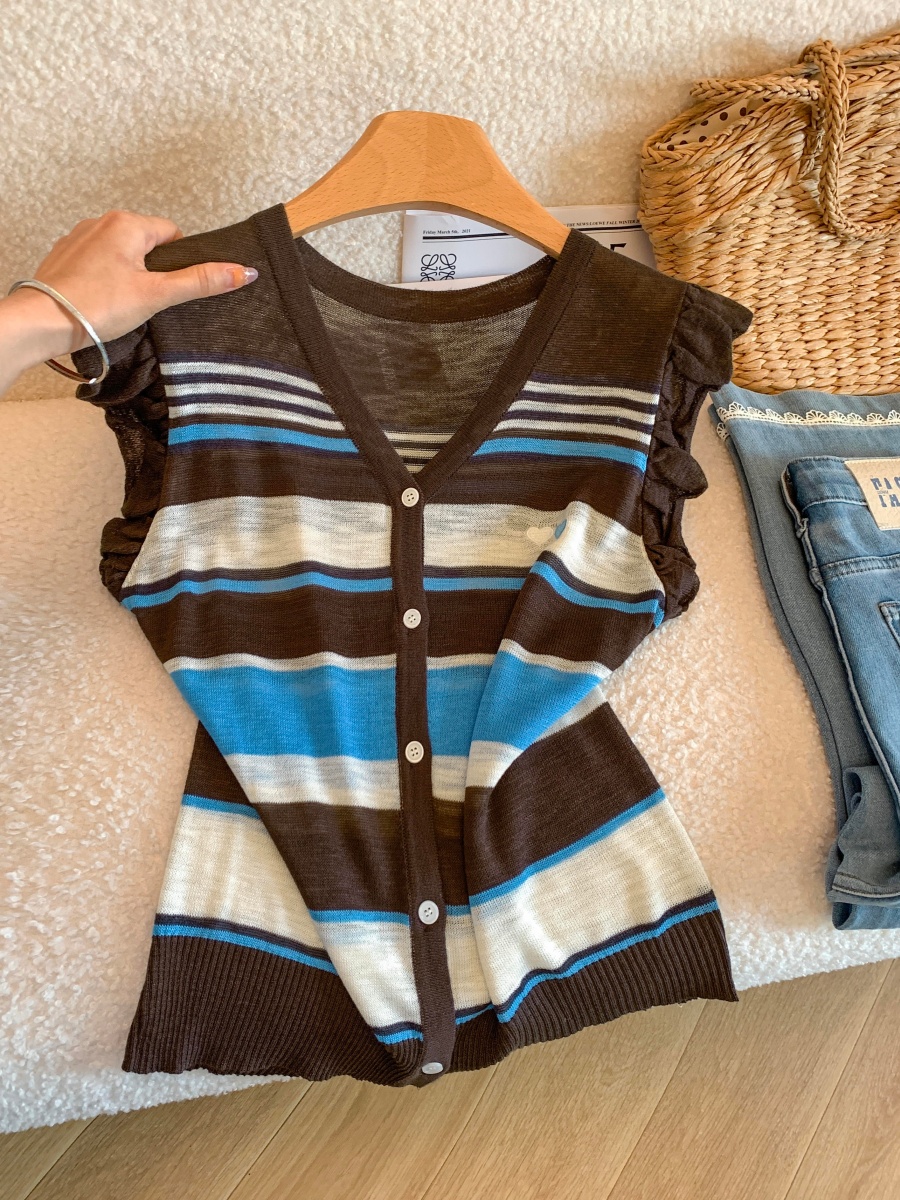 Korean Style V-Neck Striped Knit Cardigan for Women 2026 Summer Loose Slimming Top
