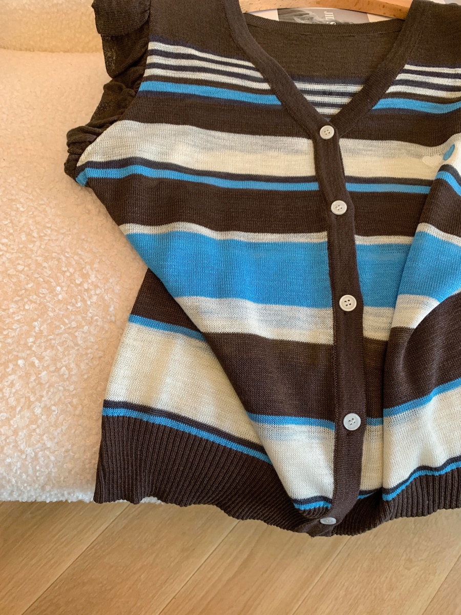 Korean Style V-Neck Striped Knit Cardigan for Women 2026 Summer Loose Slimming Top - Image 3