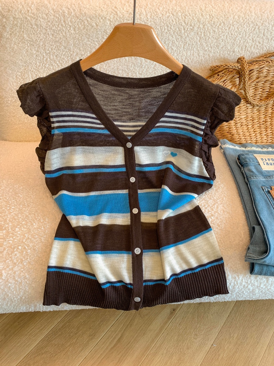 Korean Style V-Neck Striped Knit Cardigan for Women 2026 Summer Loose Slimming Top - Image 4