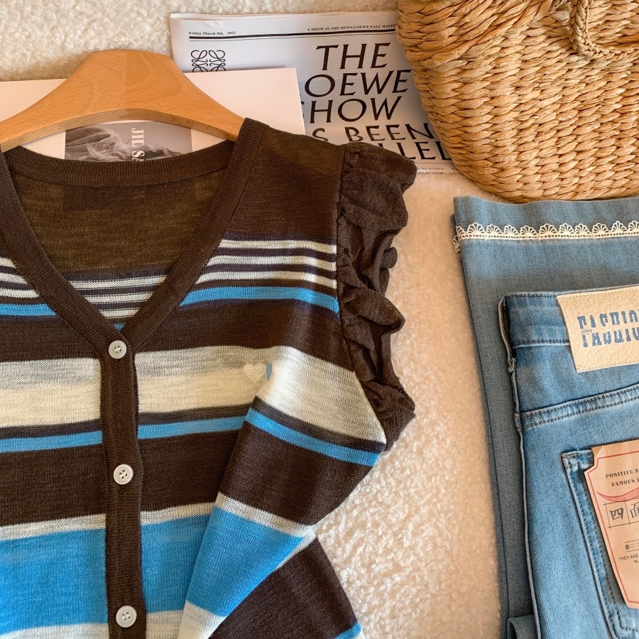 Korean Style V-Neck Striped Knit Cardigan for Women 2026 Summer Loose Slimming Top - Image 5