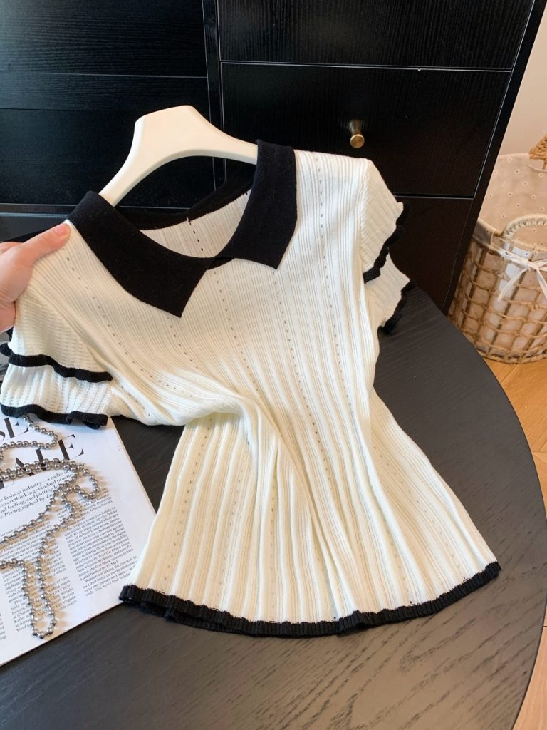 Sweet French Doll Collar Short Sleeve Top Women 2026 Summer Color Block T-Shirt