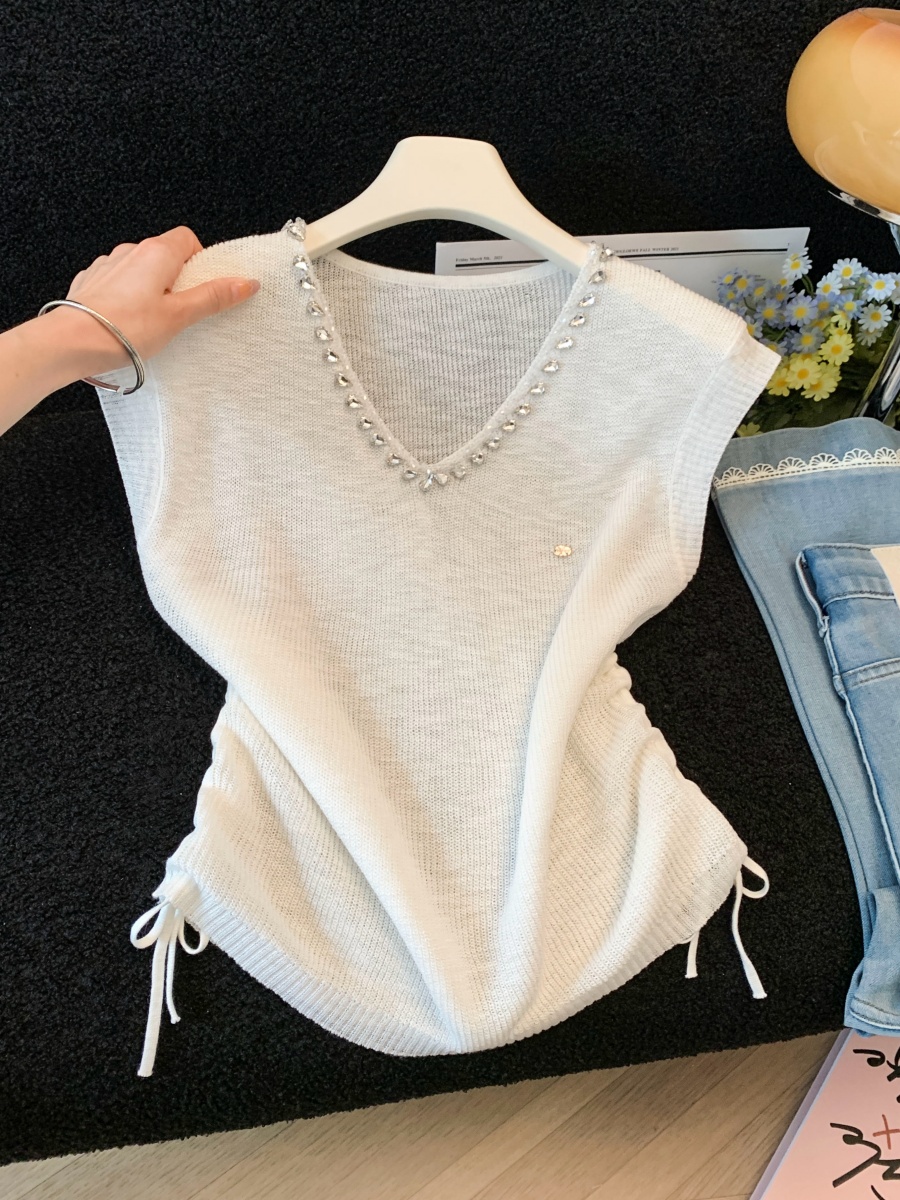 Korean Sweet V-Neck Rhinestone Knit Top with Ruffle Sleeves for Women Summer Slimming Drawstring Waist