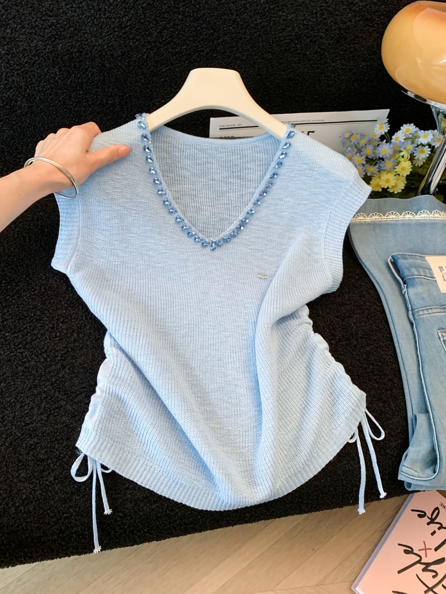 Korean Sweet V-Neck Rhinestone Knit Top with Ruffle Sleeves for Women Summer Slimming Drawstring Waist - Image 2