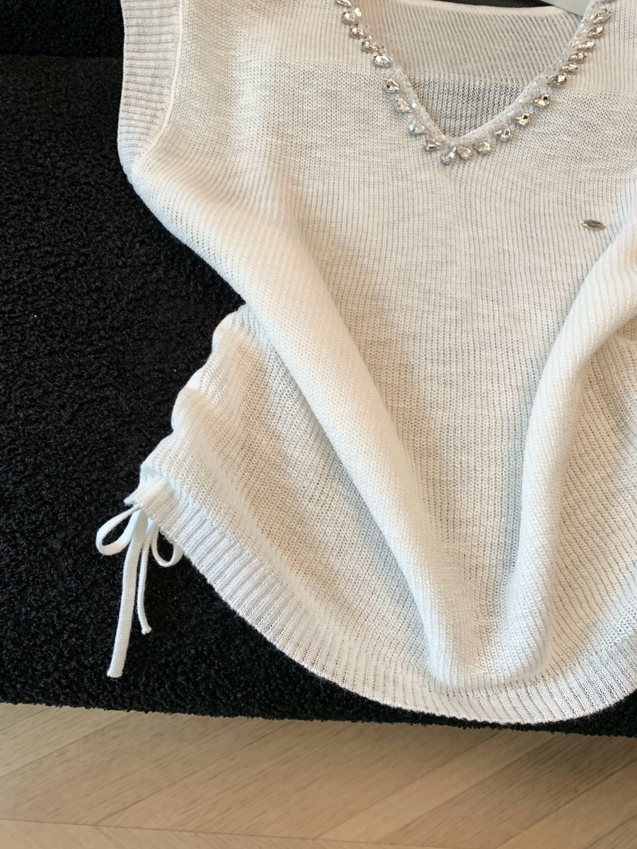 Korean Sweet V-Neck Rhinestone Knit Top with Ruffle Sleeves for Women Summer Slimming Drawstring Waist - Image 4