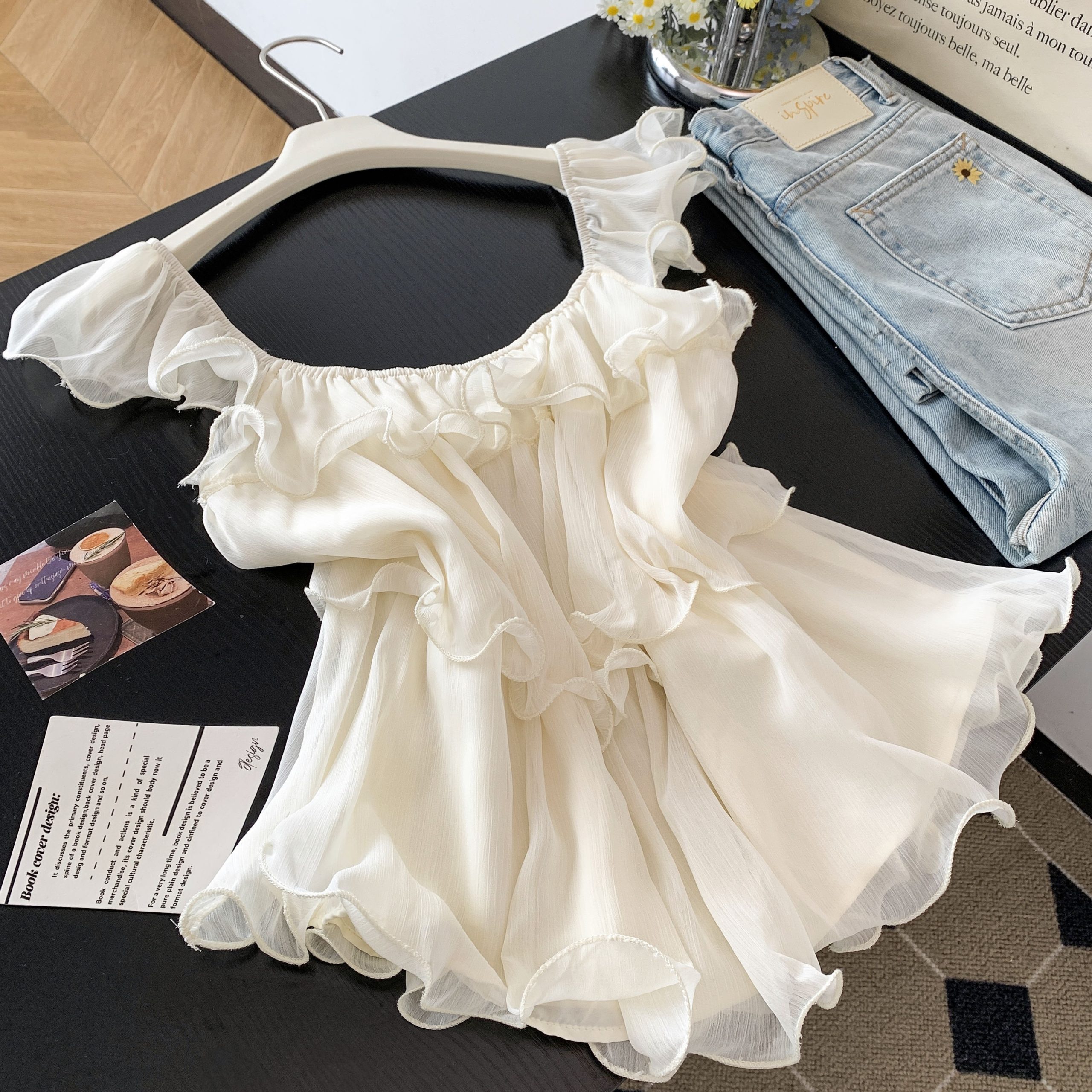 Women's Summer Ruffle Tie-Front Fly Sleeve Chiffon Shirt Blouse - Image 5