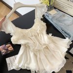 Women's Summer Ruffle Tie-Front Fly Sleeve Chiffon Shirt Blouse