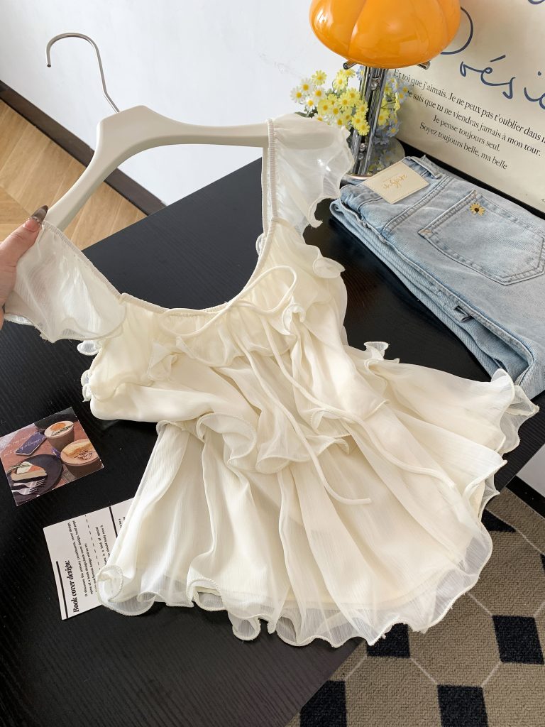 Women's Summer Ruffle Tie-Front Fly Sleeve Chiffon Shirt Blouse