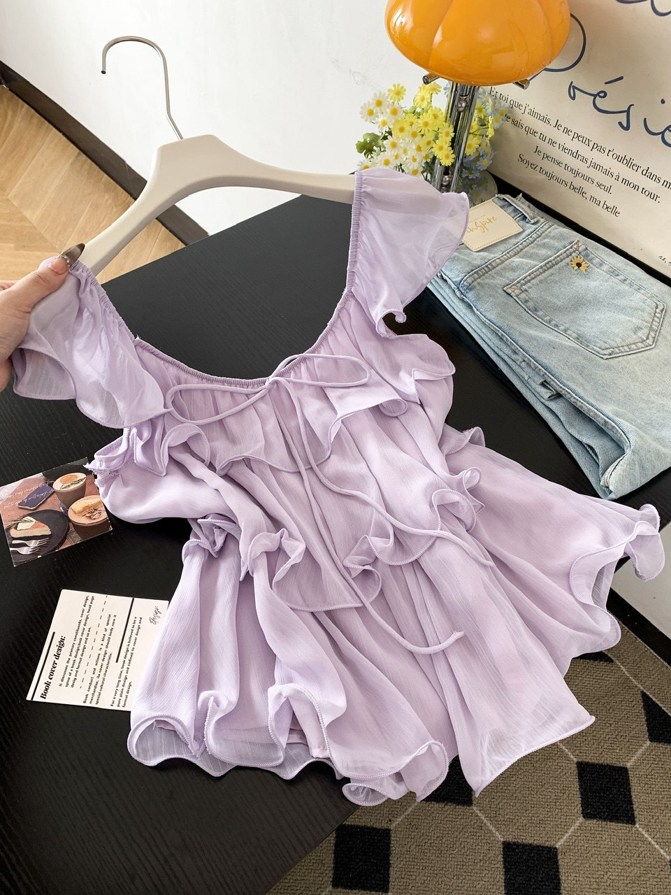 Women's Summer Ruffle Tie-Front Fly Sleeve Chiffon Shirt Blouse - Image 4