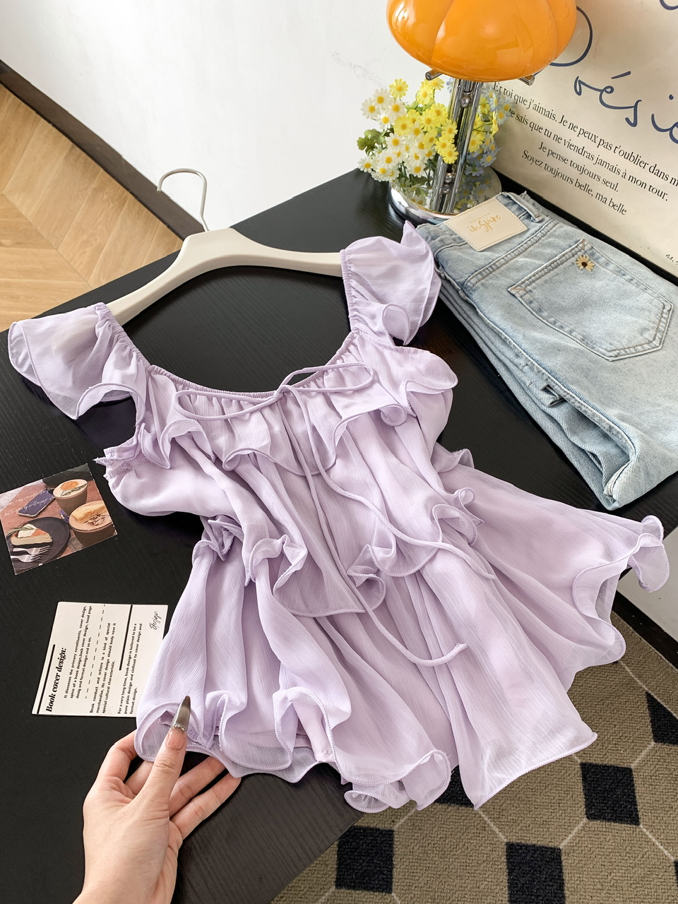 Women's Summer Ruffle Tie-Front Fly Sleeve Chiffon Shirt Blouse - Image 2
