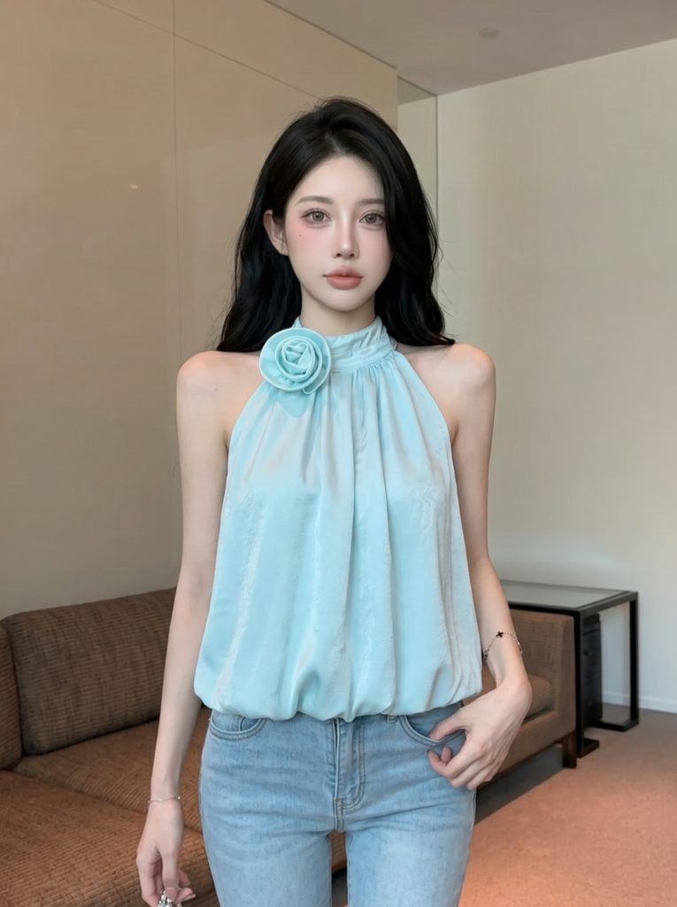 Women's Halter Cami Top with 3D Floral Detail Sleeveless Summer Shirt