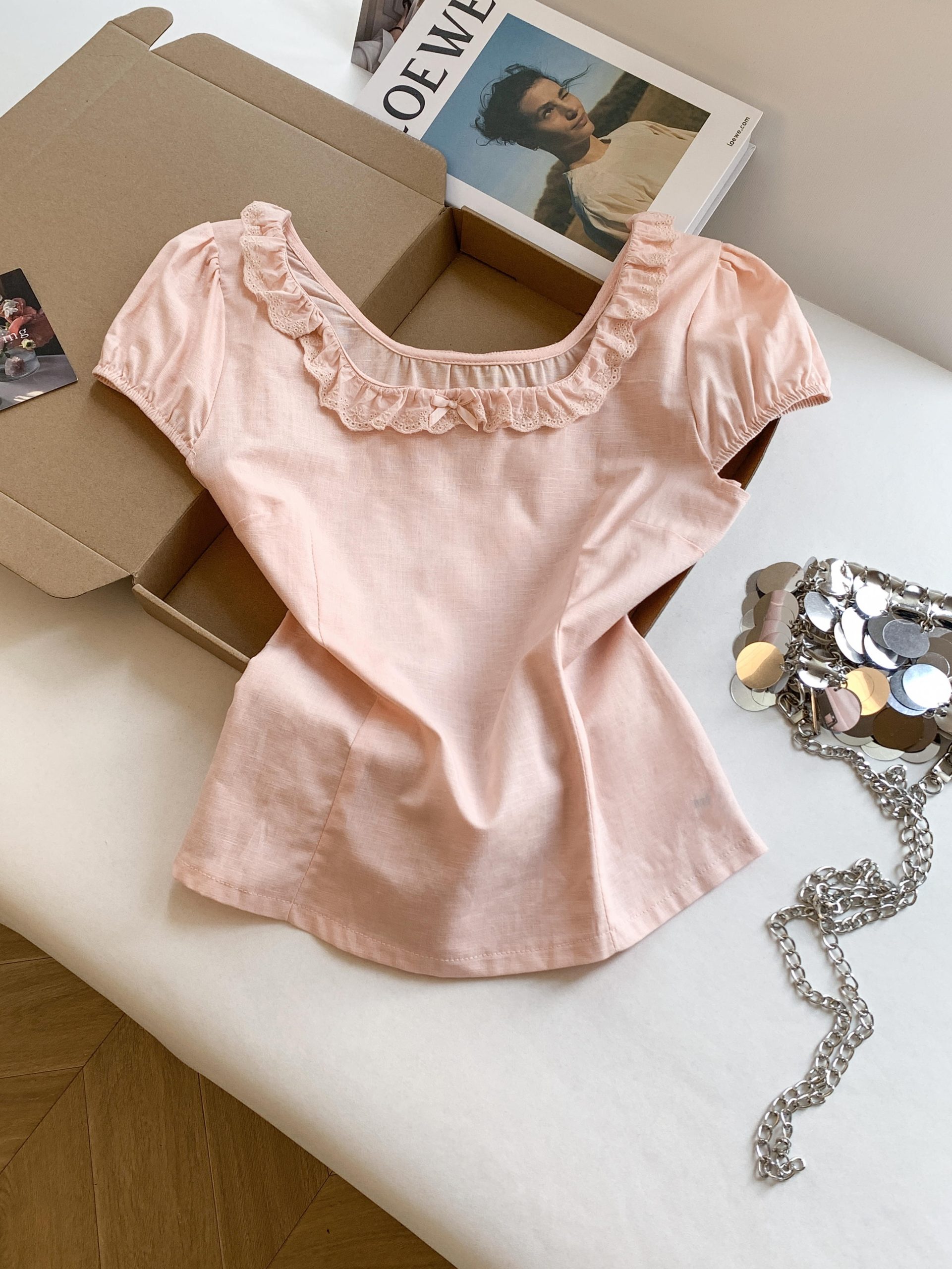 Sweet Preppy Pink Lace Bubble Sleeve Shirt Summer Slimming Women's Top