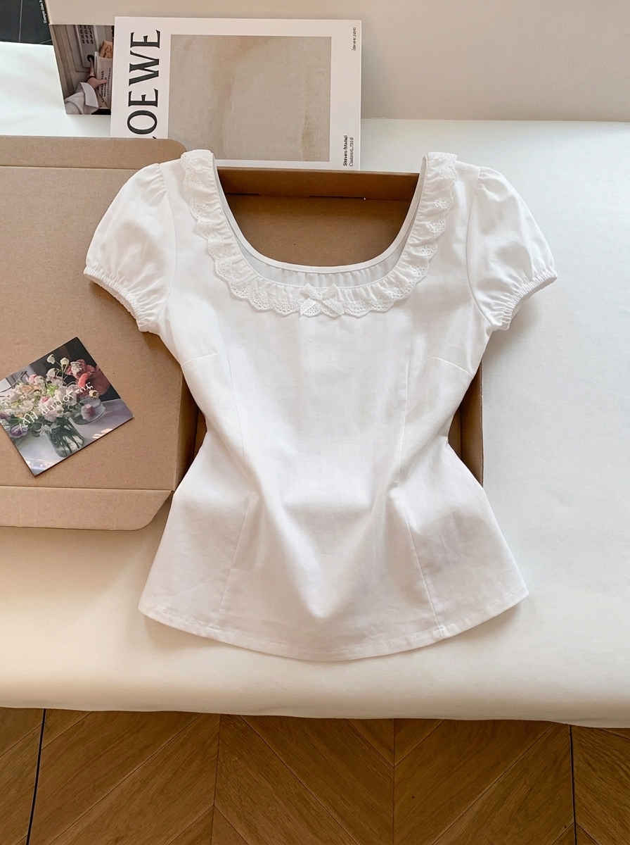 Sweet Preppy Pink Lace Bubble Sleeve Shirt Summer Slimming Women's Top - Image 4