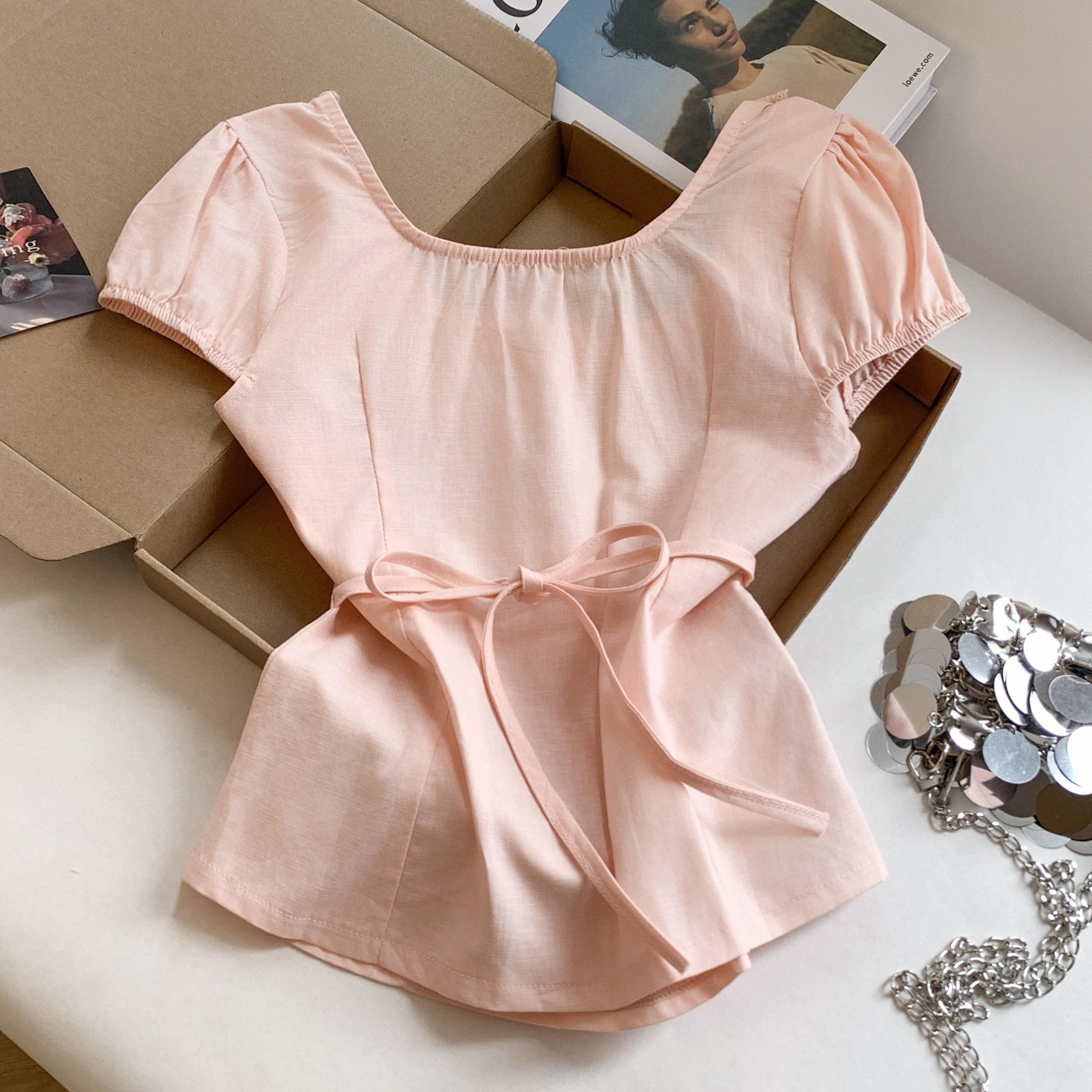 Sweet Preppy Pink Lace Bubble Sleeve Shirt Summer Slimming Women's Top - Image 5