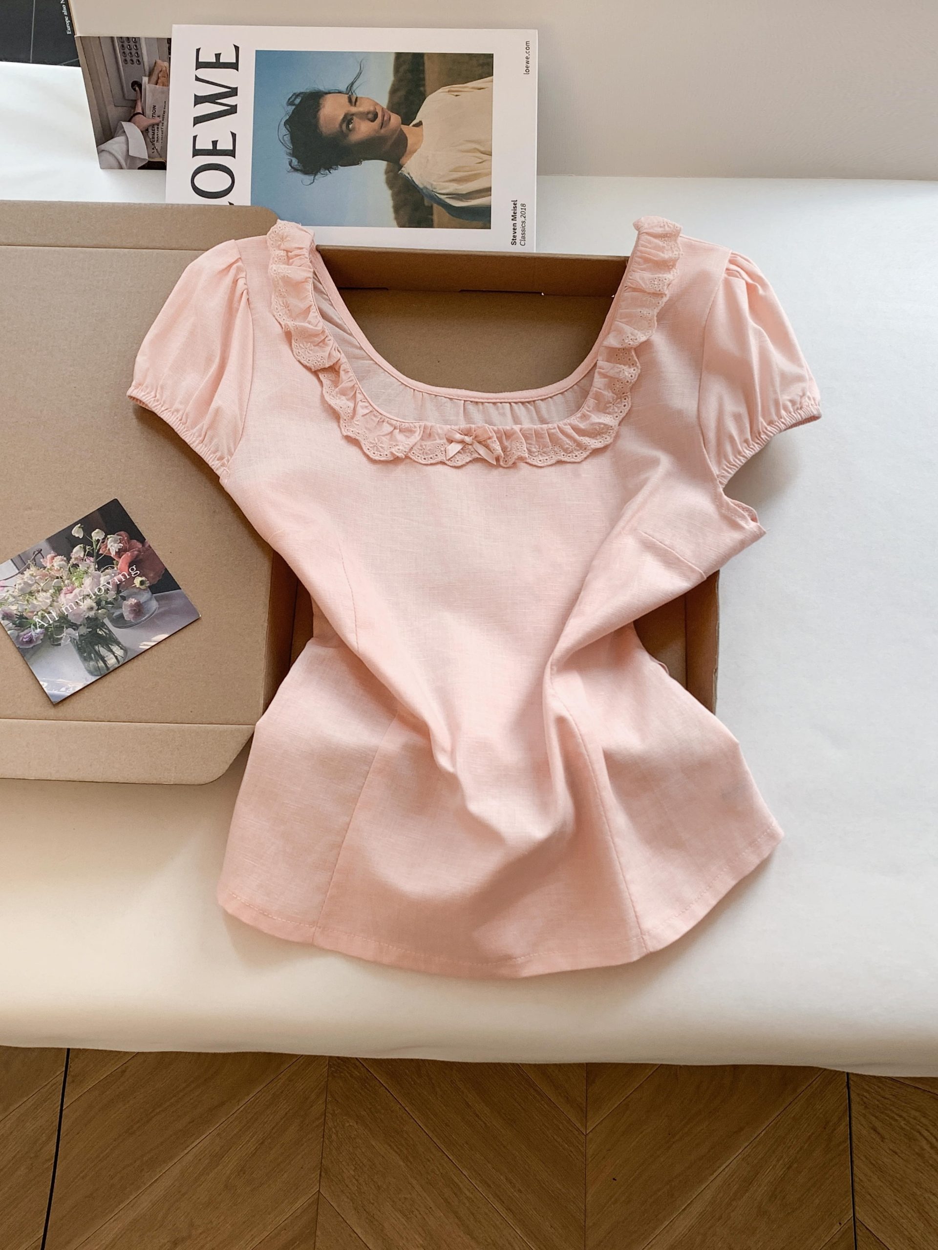 Sweet Preppy Pink Lace Bubble Sleeve Shirt Summer Slimming Women's Top - Image 3