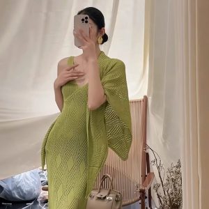 JIJINQI Summer V-Neck Sleeveless Dress Set with Shawl
