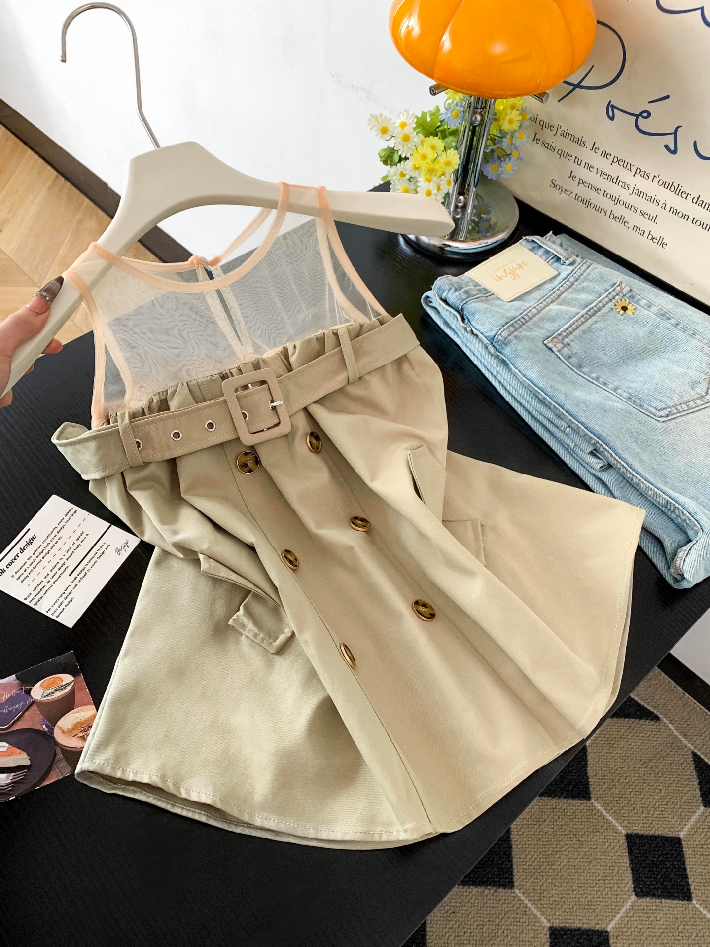 Sexy Mesh Spliced Double-Breasted Belted Sleeveless Shirt for Women Summer Loose Fit