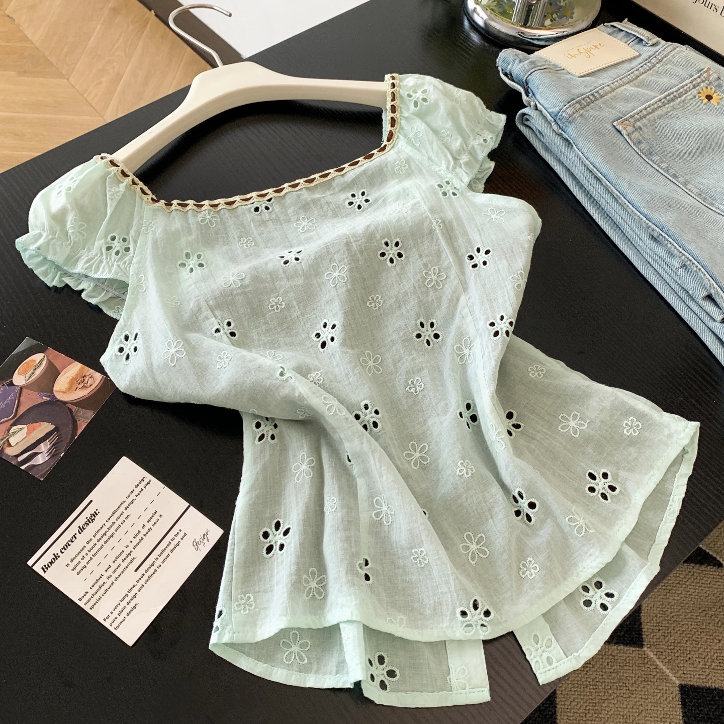 Women's Colorblock Polka Dot Faux Two-Piece Puff Sleeve Cinched Waist Cropped Shirt Summer - Image 5