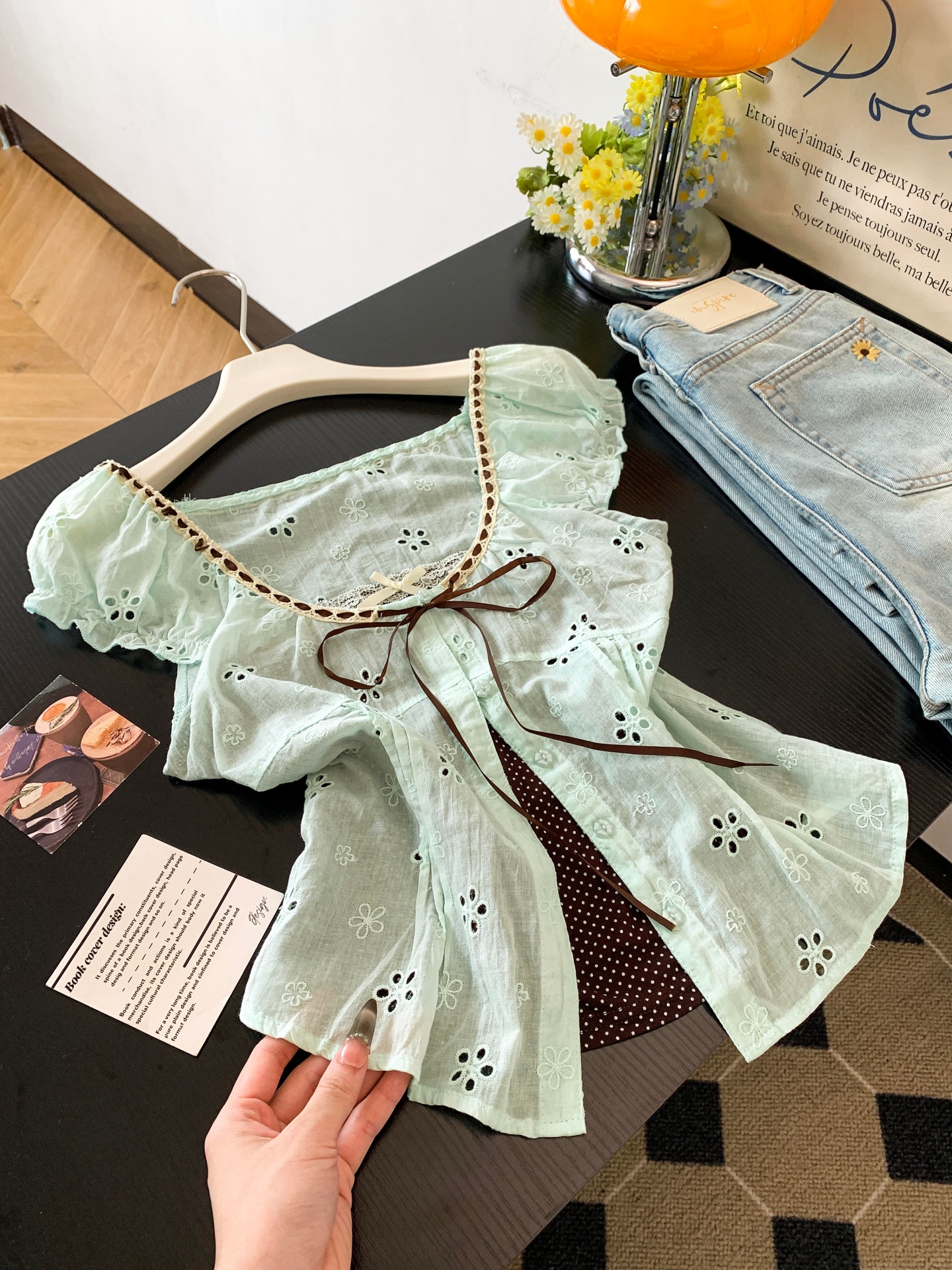 Women's Striped Lace Spliced U-Neck Faux Two-Piece Puff Sleeve Shirt Summer Korean Slim Fit Sweet Top - Image 3