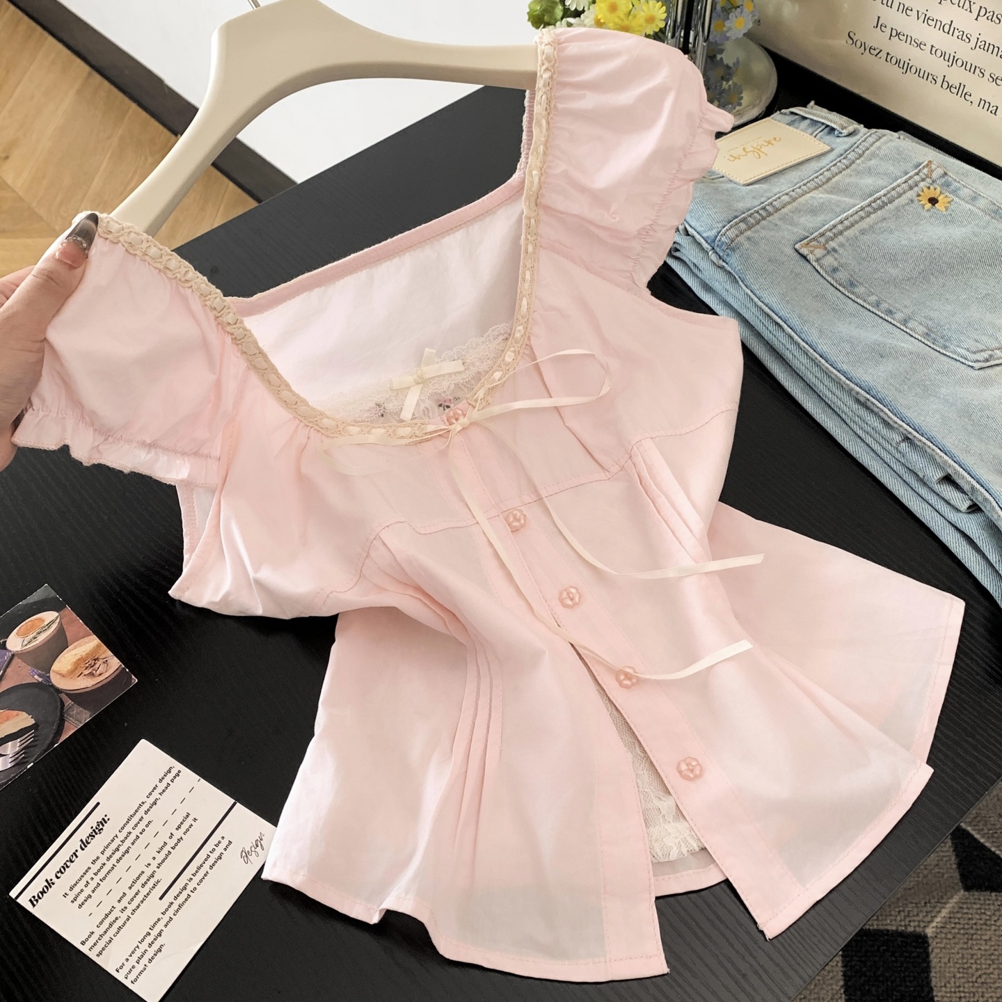 Women's Striped Lace Spliced U-Neck Faux Two-Piece Puff Sleeve Shirt Summer Korean Slim Fit Sweet Top - Image 5