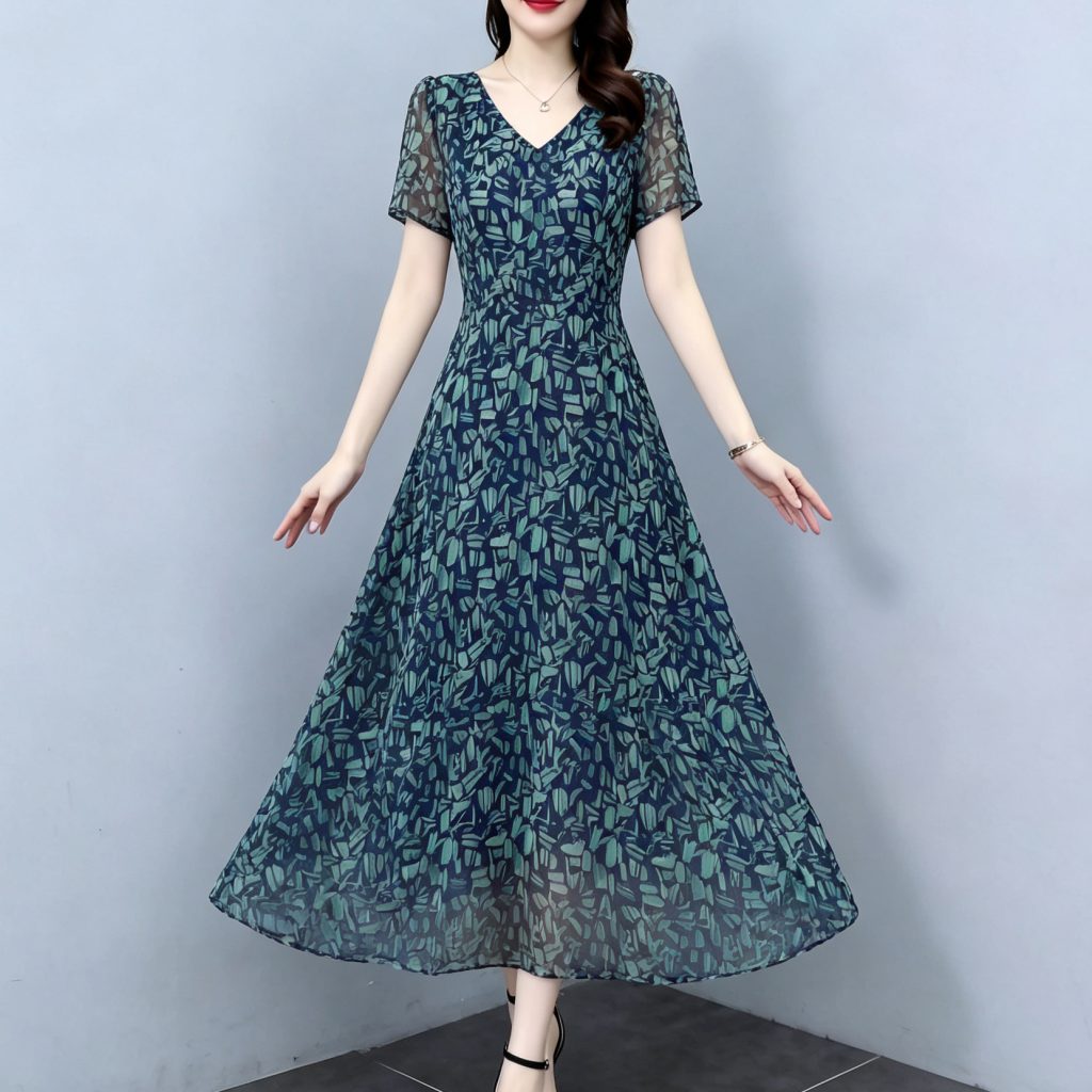 Elegant V-Neck Chiffon Print Slim Dress Summer 2026 Women's