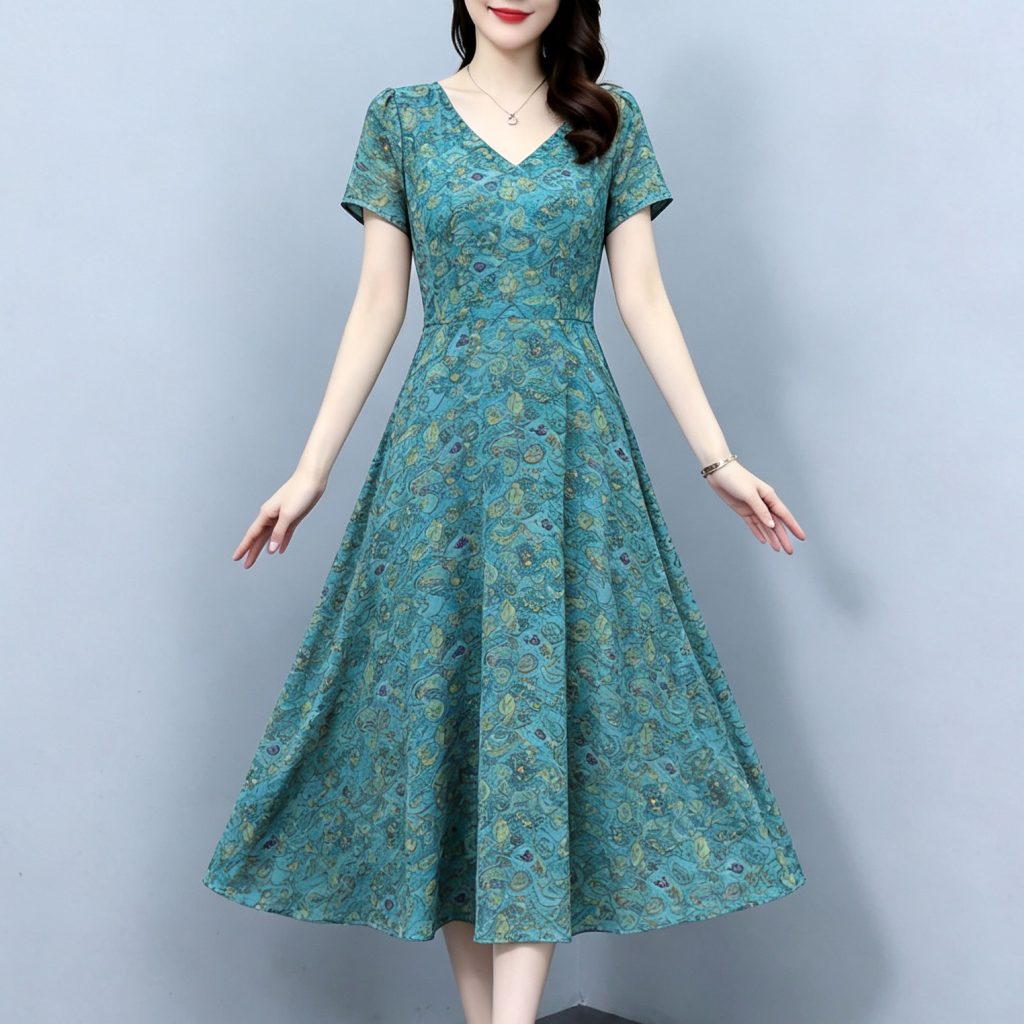 Summer Chiffon V-Neck Floral Dress High-End Midi Vintage Waist-Slimming Elegant Women Short Sleeve