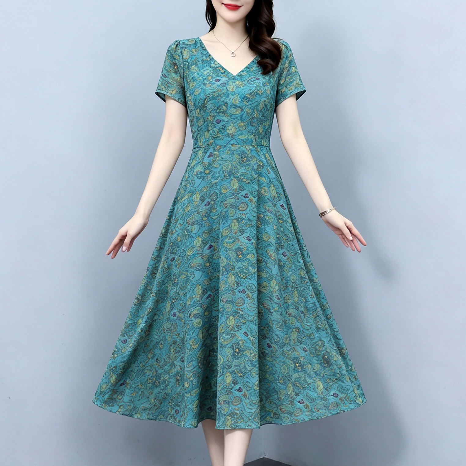 Summer Chiffon V-Neck Floral Dress High-End Midi Vintage Waist-Slimming Elegant Women Short Sleeve