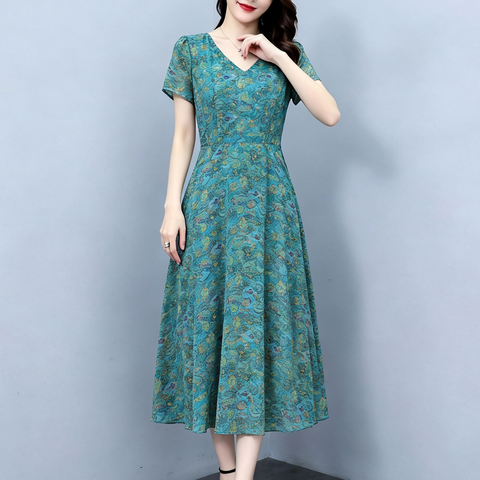 Summer Chiffon V-Neck Floral Dress High-End Midi Vintage Waist-Slimming Elegant Women Short Sleeve - Image 2
