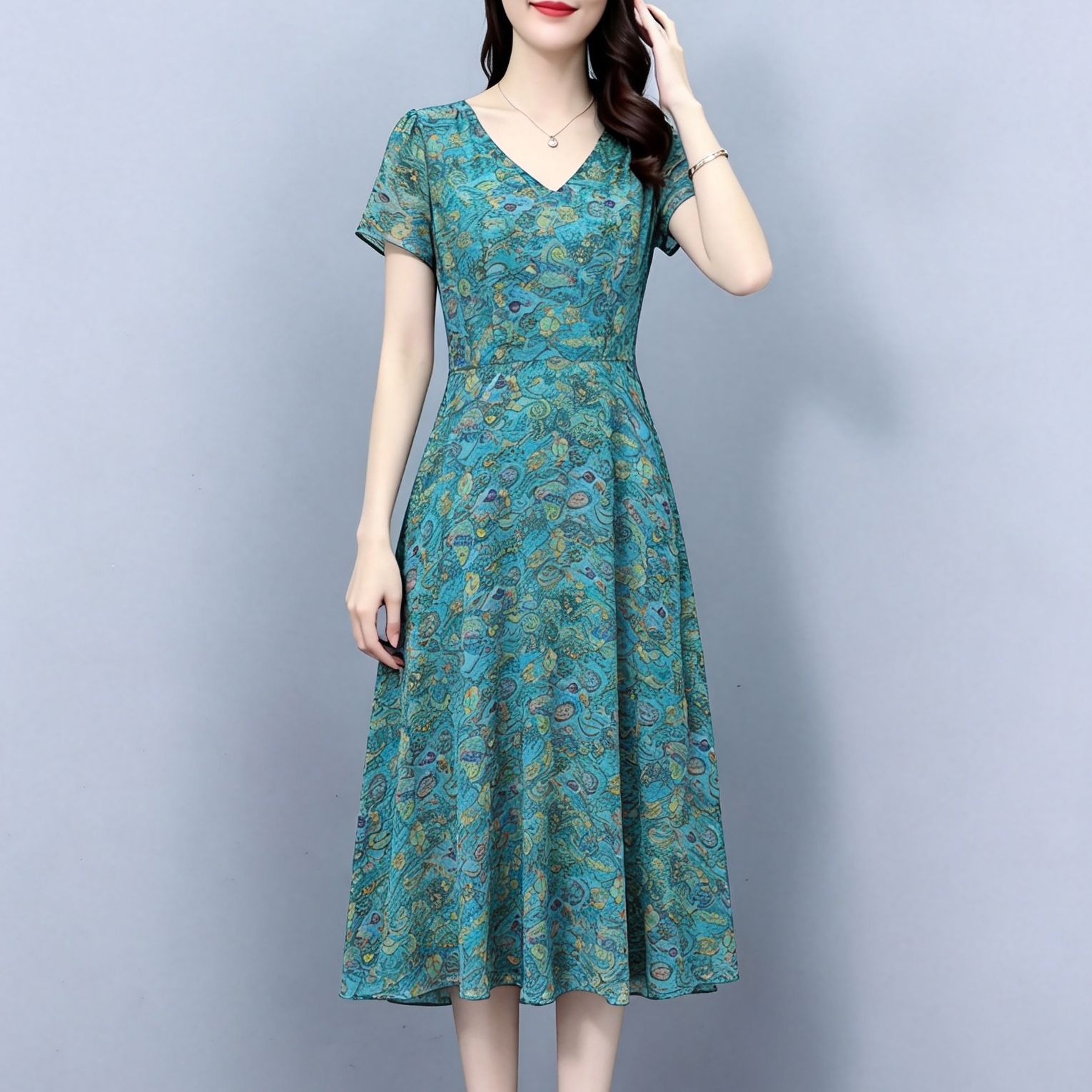 Summer Chiffon V-Neck Floral Dress High-End Midi Vintage Waist-Slimming Elegant Women Short Sleeve - Image 3