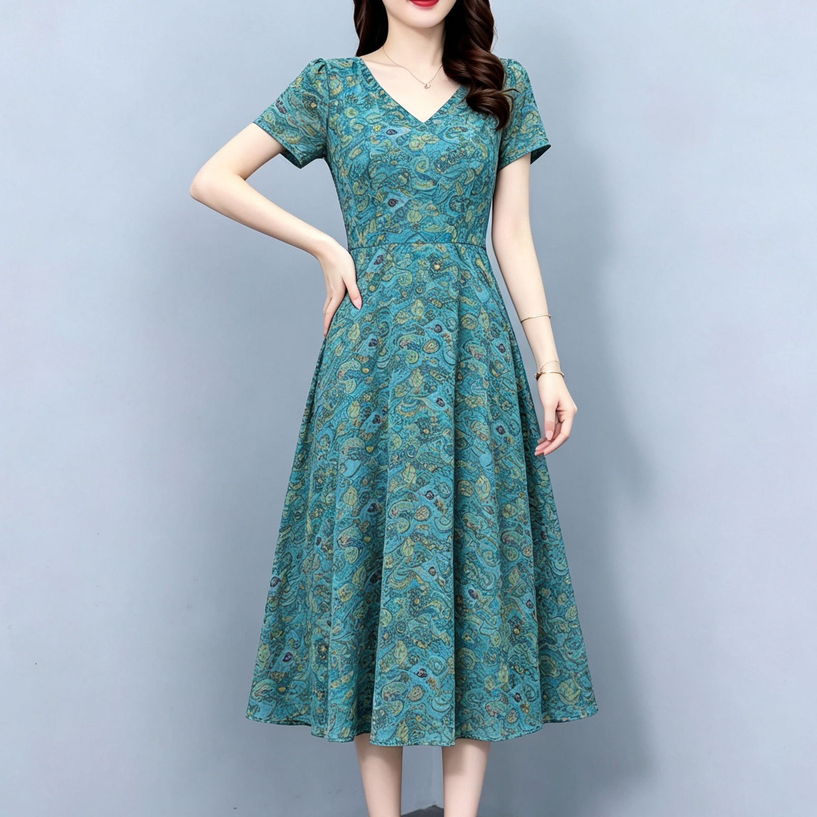 Summer Chiffon V-Neck Floral Dress High-End Midi Vintage Waist-Slimming Elegant Women Short Sleeve - Image 4