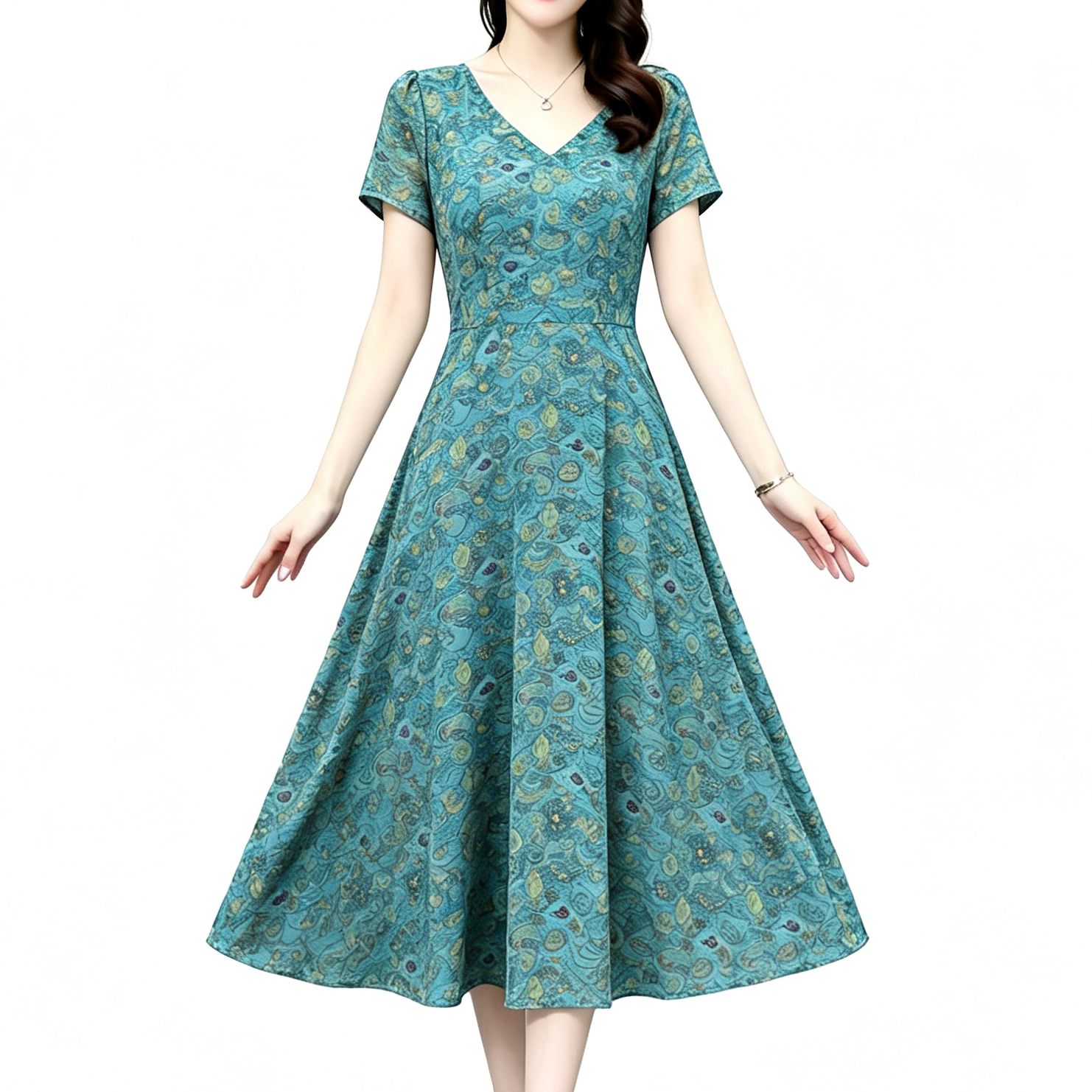 Summer Chiffon V-Neck Floral Dress High-End Midi Vintage Waist-Slimming Elegant Women Short Sleeve - Image 5