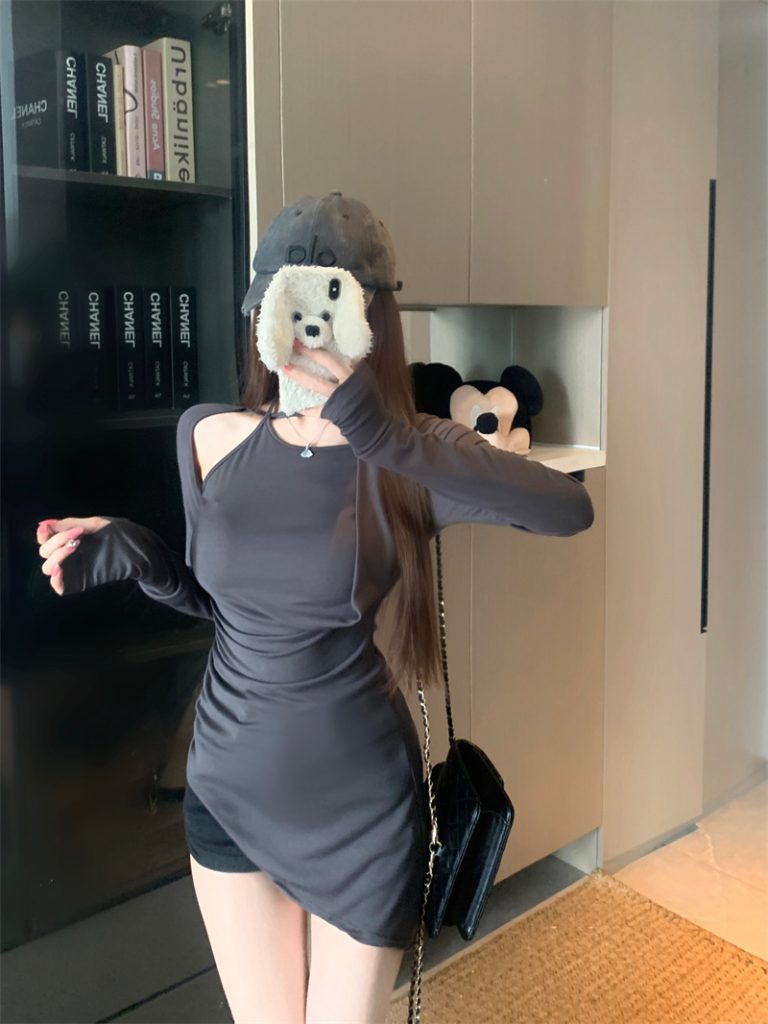 Gray Long Sleeve T-Shirt for Women Slimming Irregular High Waist Summer Sun Protection Top