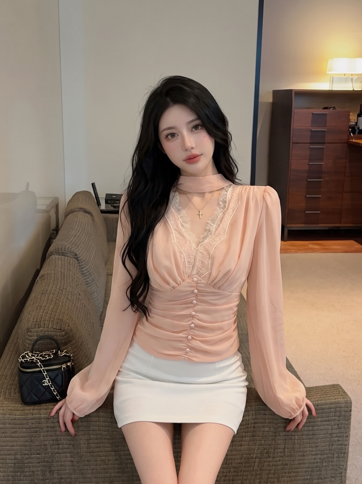 Women's Faux Two-Piece Lace Short Sleeve Shirt Summer Slim Fit Waist Cinched French Style Top