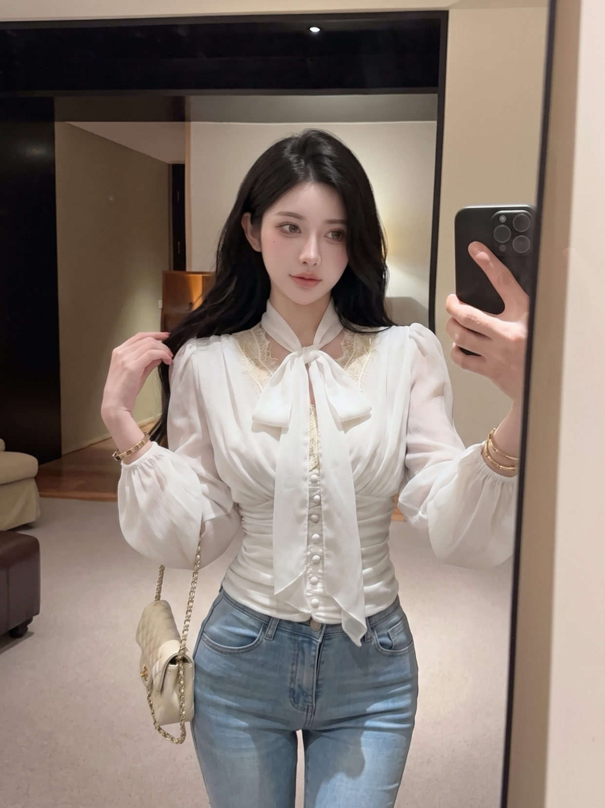 Women's Faux Two-Piece Lace Short Sleeve Shirt Summer Slim Fit Waist Cinched French Style Top - Image 2