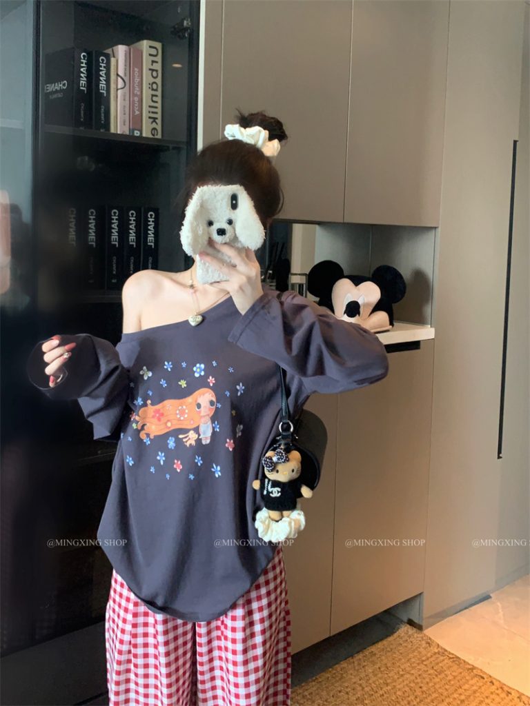 Lazy Style One-Shoulder Print Long-Sleeve T-Shirt for Women Summer 2026 Loose Slimming Sun Protection Top