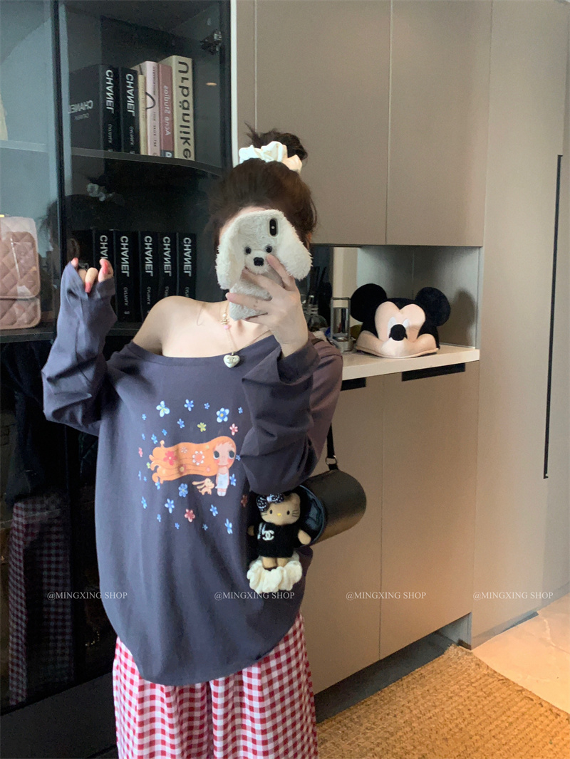 Lazy Style One-Shoulder Print Long-Sleeve T-Shirt for Women Summer 2026 Loose Slimming Sun Protection Top - Image 2