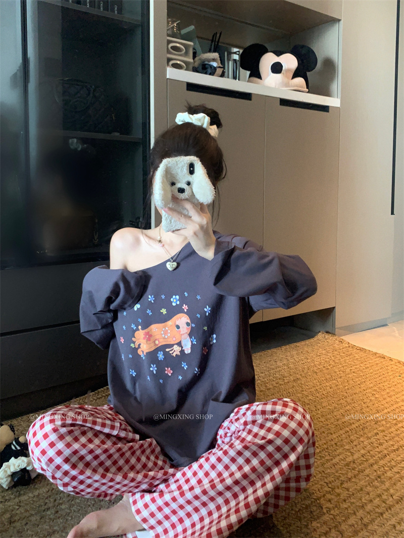 Lazy Style One-Shoulder Print Long-Sleeve T-Shirt for Women Summer 2026 Loose Slimming Sun Protection Top - Image 3