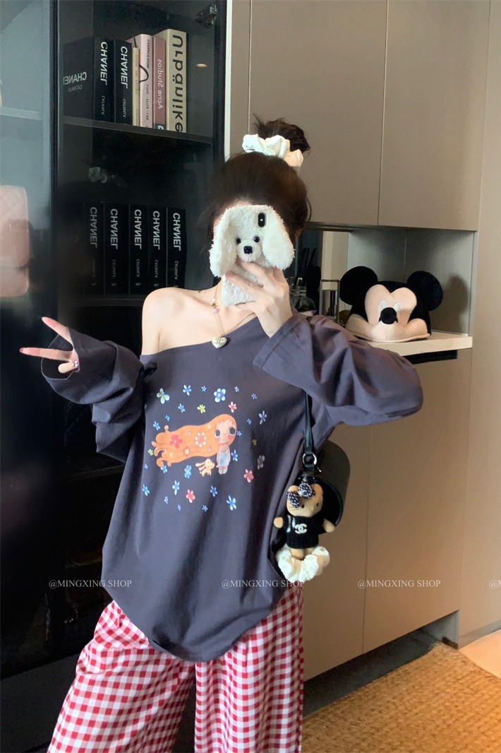 Lazy Style One-Shoulder Print Long-Sleeve T-Shirt for Women Summer 2026 Loose Slimming Sun Protection Top - Image 5